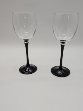 2 Vtg Domino White Wine Glasses Black Stem 7.75"
